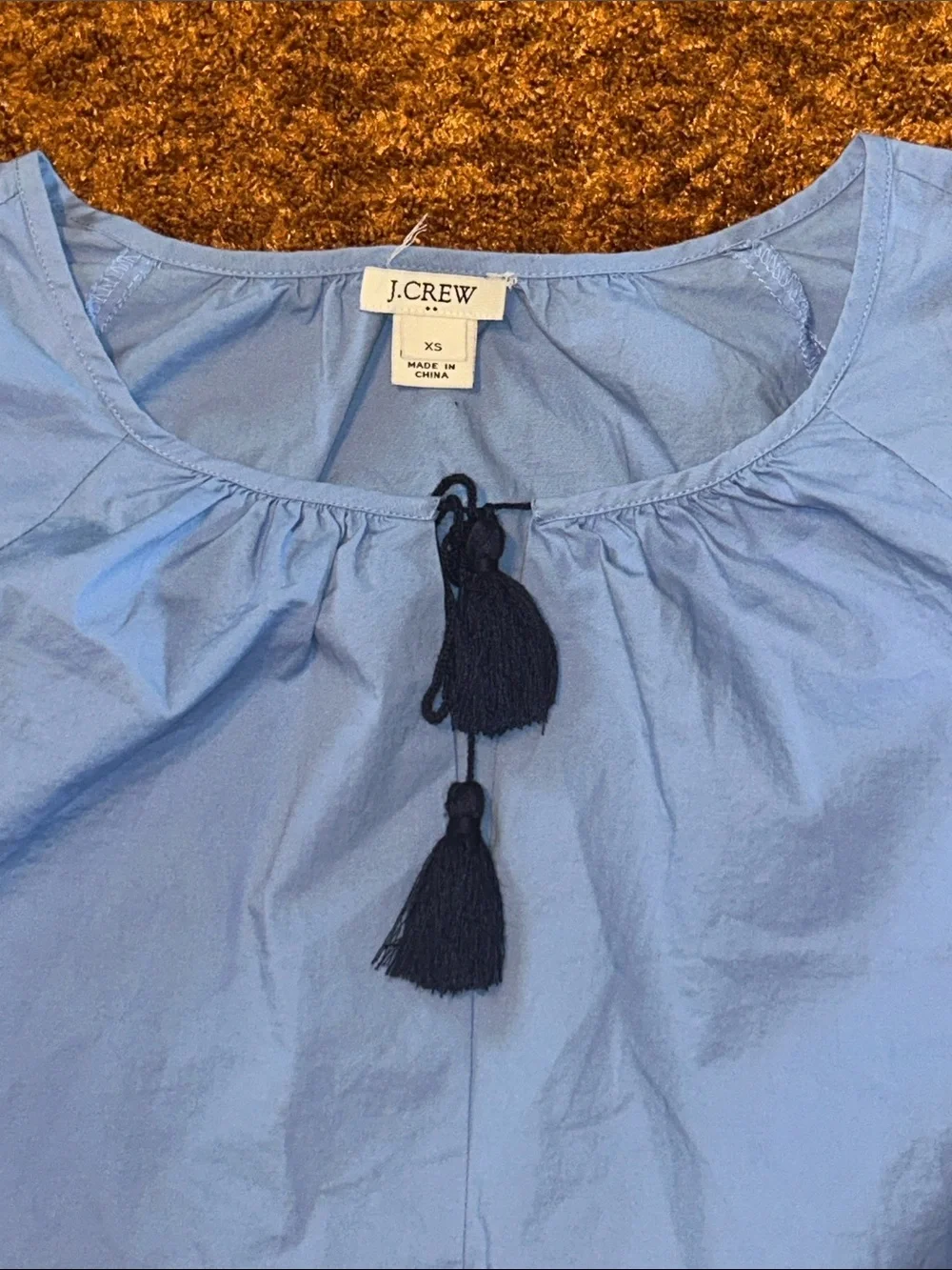 J. Crew Light Blue Blouse with Navy Sleeve Embroidery